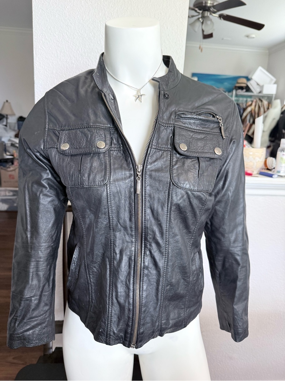 Women's Black Leather Zip-Up Jacket